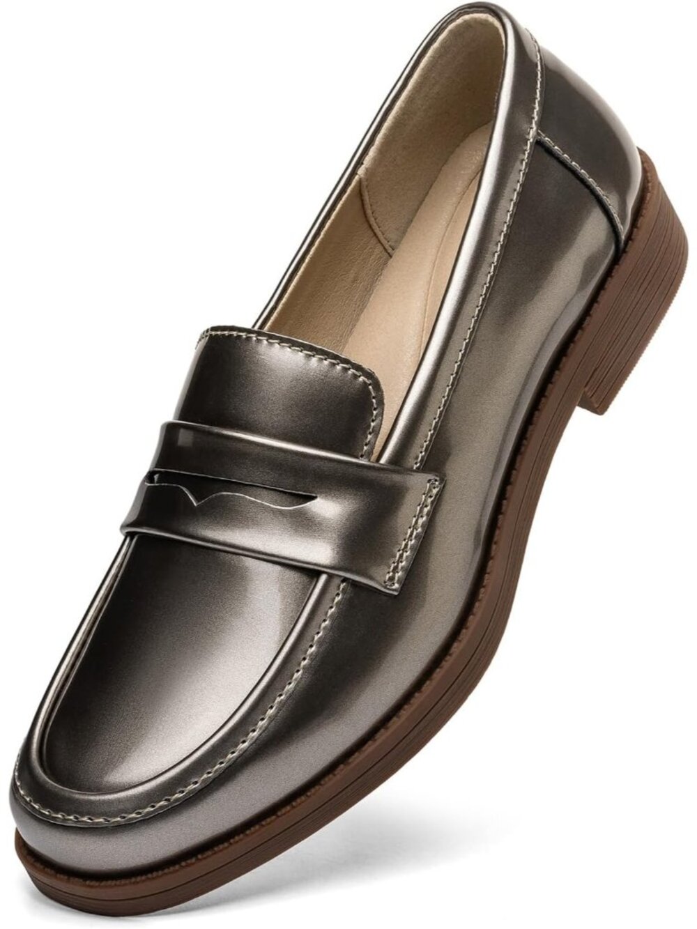 Women’s Bronze Metallic Patent Comfortable Penny Loafers Slip On Flat Shoes